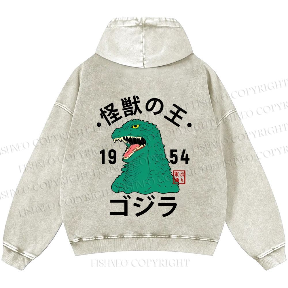 Unisex Casual Godzilla Vintage Printed Washed Hoodie