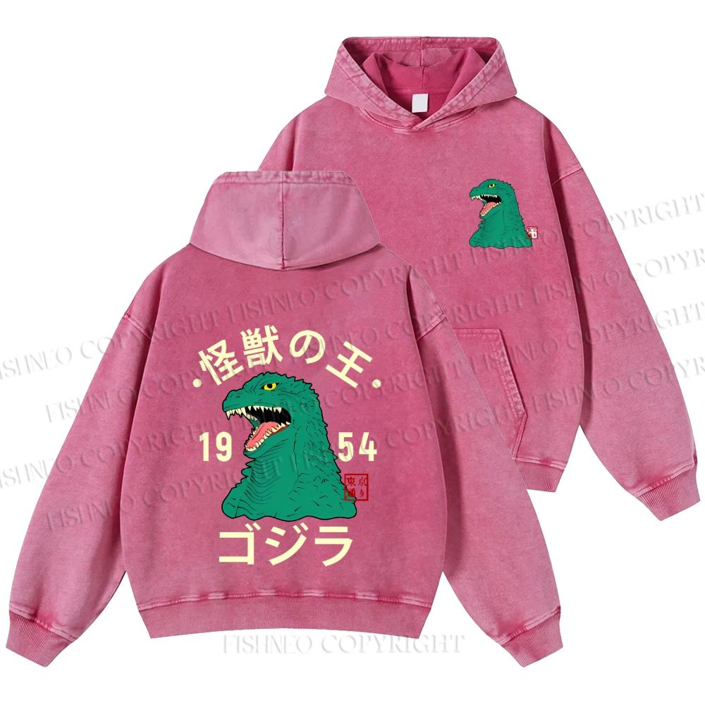 Unisex Casual Godzilla Vintage Printed Washed Hoodie