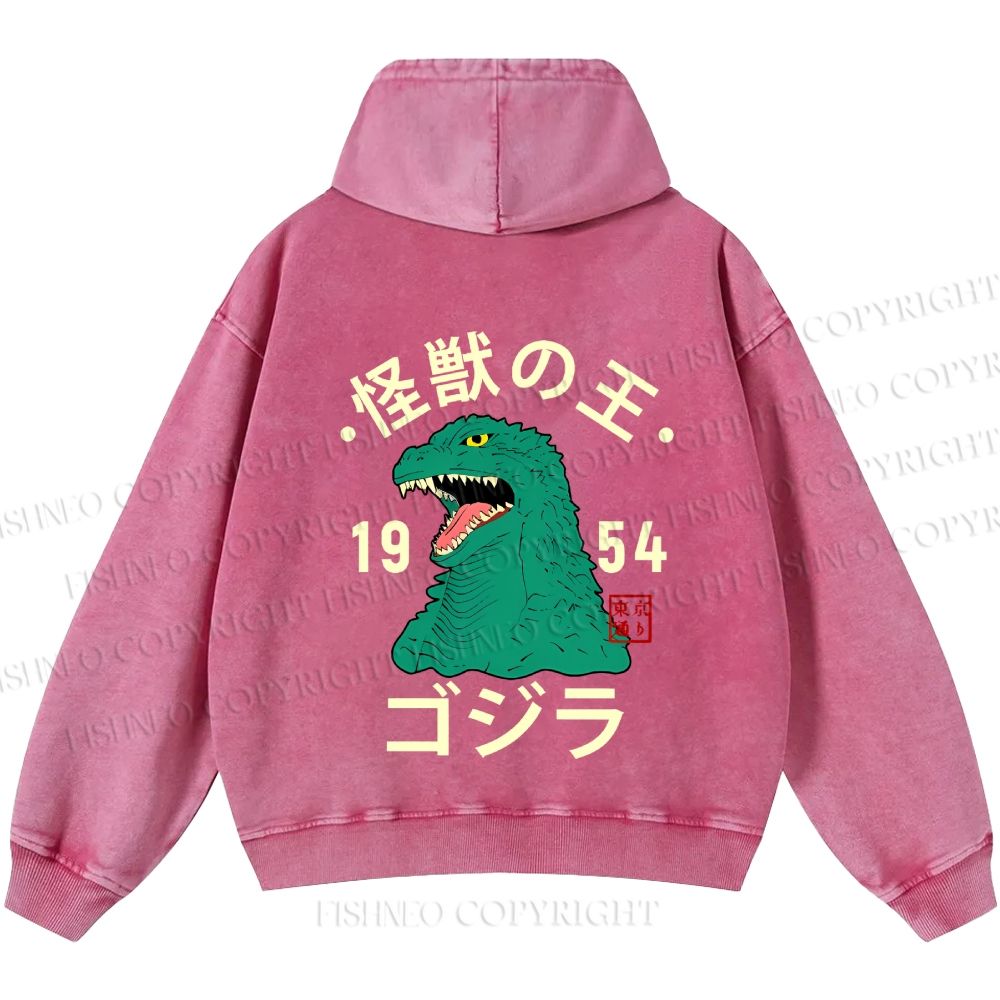 Unisex Casual Godzilla Vintage Printed Washed Hoodie
