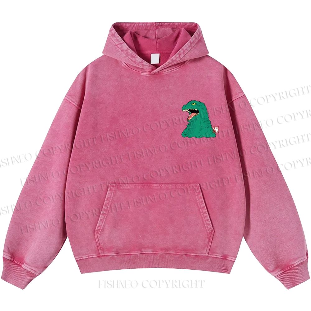 Unisex Casual Godzilla Vintage Printed Washed Hoodie
