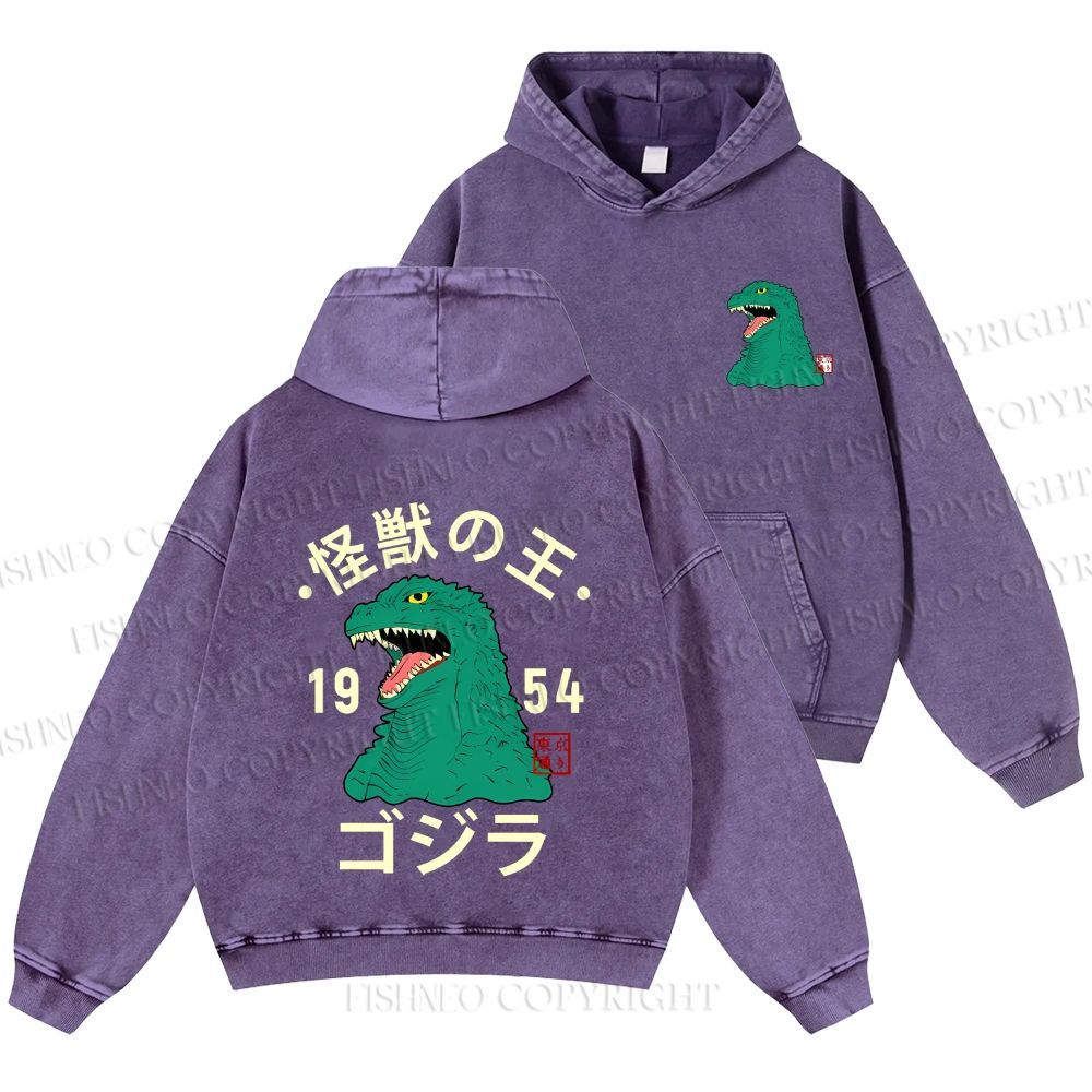Unisex Casual Godzilla Vintage Printed Washed Hoodie