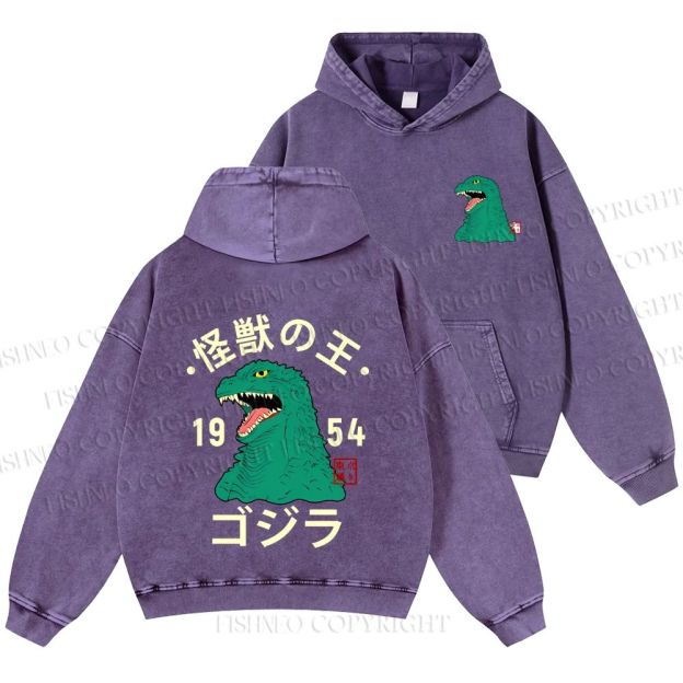 Unisex Casual Godzilla Vintage Printed Washed Hoodie
