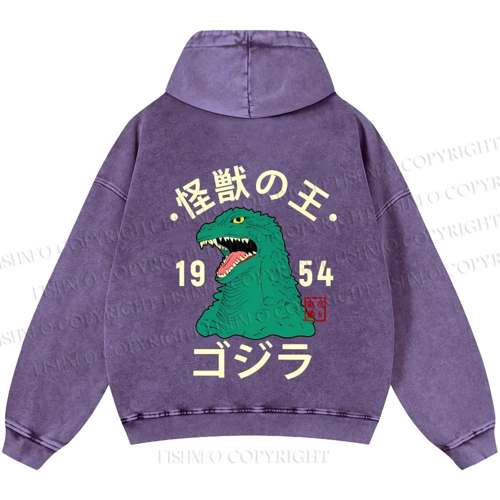 Unisex Casual Godzilla Vintage Printed Washed Hoodie