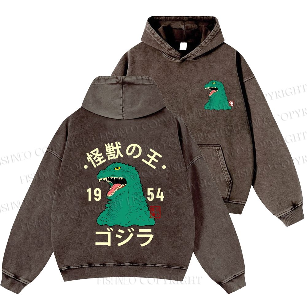 Unisex Casual Godzilla Vintage Printed Washed Hoodie