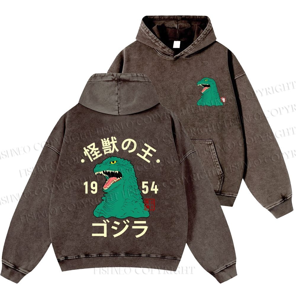 Unisex Casual Godzilla Vintage Printed Washed Hoodie
