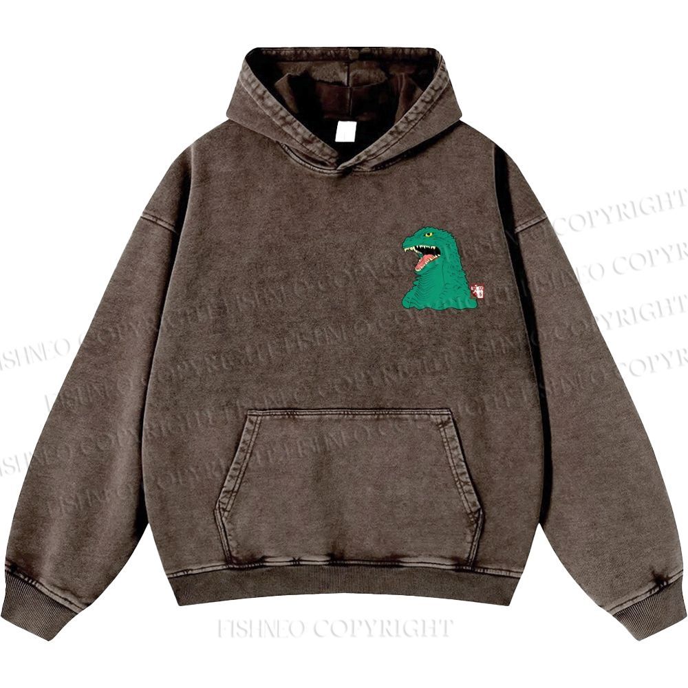 Unisex Casual Godzilla Vintage Printed Washed Hoodie