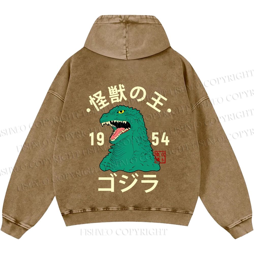 Unisex Casual Godzilla Vintage Printed Washed Hoodie
