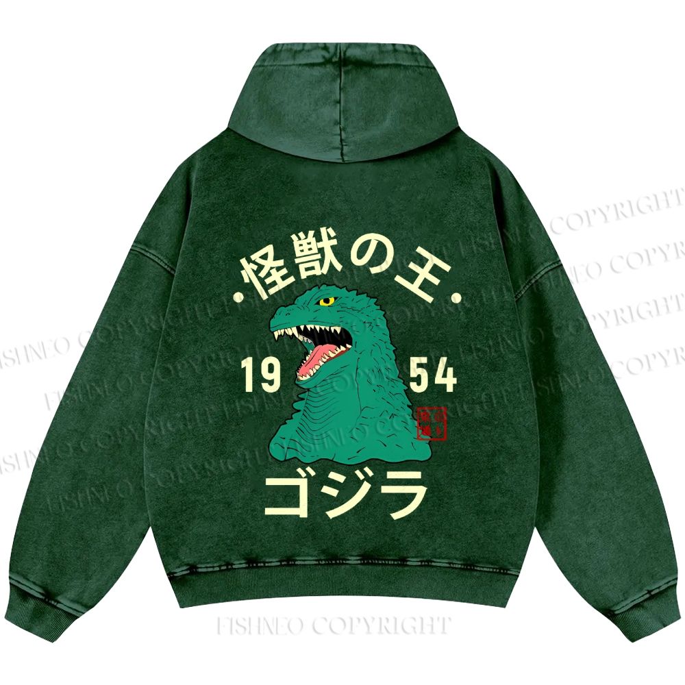 Unisex Casual Godzilla Vintage Printed Washed Hoodie