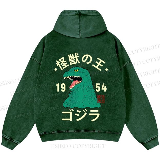 Unisex Casual Godzilla Vintage Printed Washed Hoodie