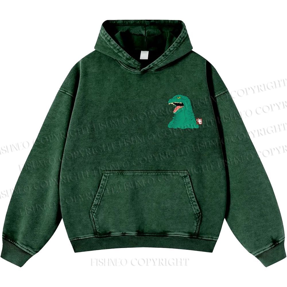 Unisex Casual Godzilla Vintage Printed Washed Hoodie
