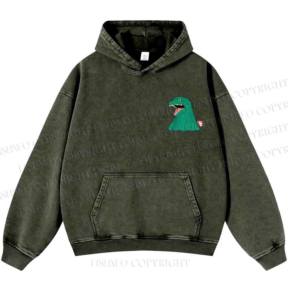 Unisex Casual Godzilla Vintage Printed Washed Hoodie