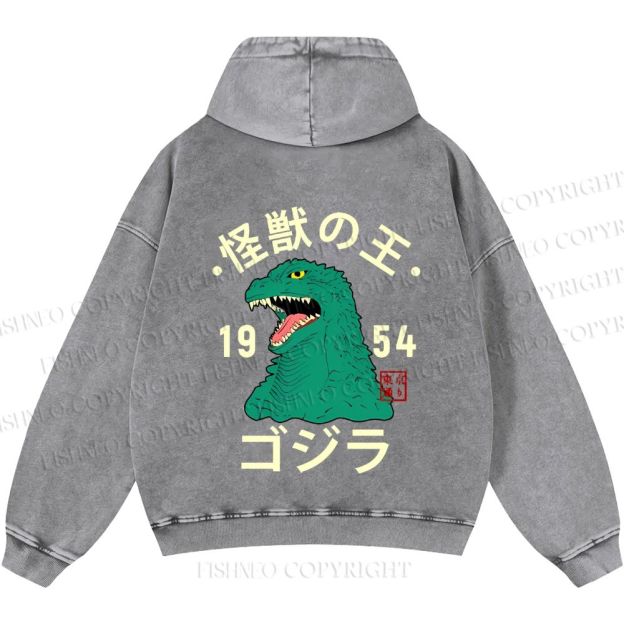 Unisex Casual Godzilla Vintage Printed Washed Hoodie