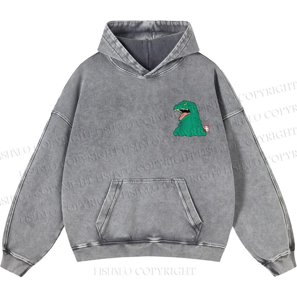 Unisex Casual Godzilla Vintage Printed Washed Hoodie