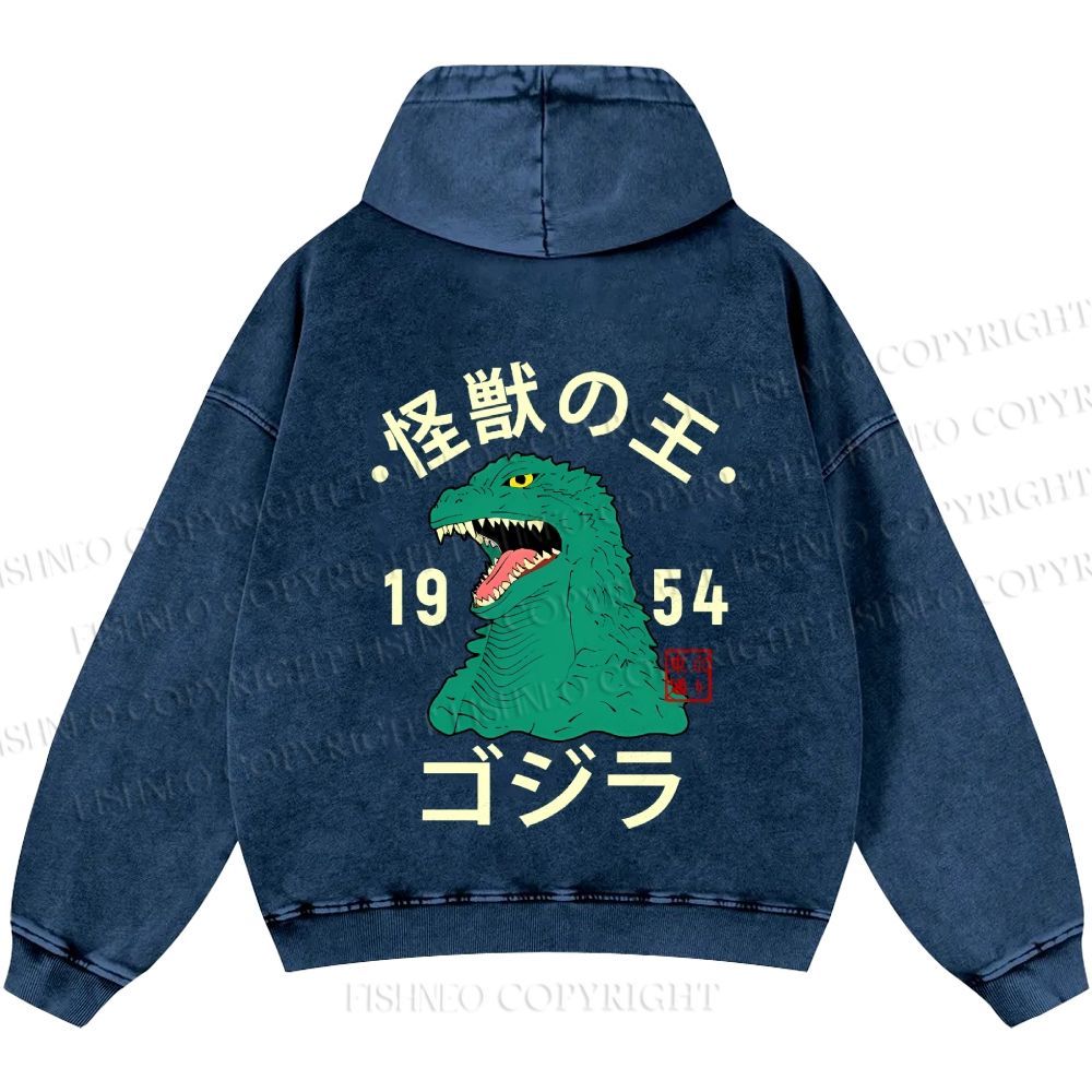 Unisex Casual Godzilla Vintage Printed Washed Hoodie