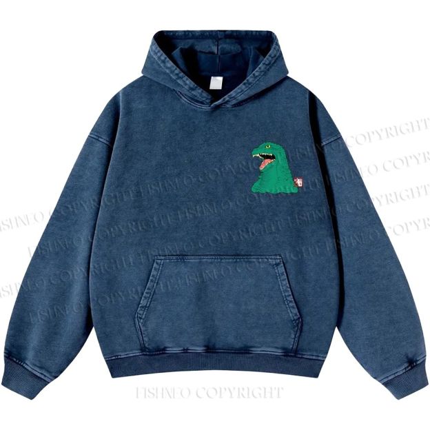 Unisex Casual Godzilla Vintage Printed Washed Hoodie