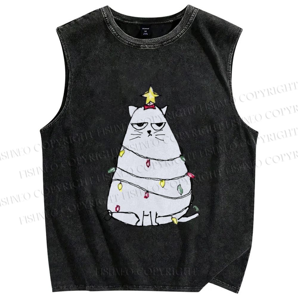 Unisex Silly Cat Upset With Christmas Fairy Lights Printed Washed Tank Top