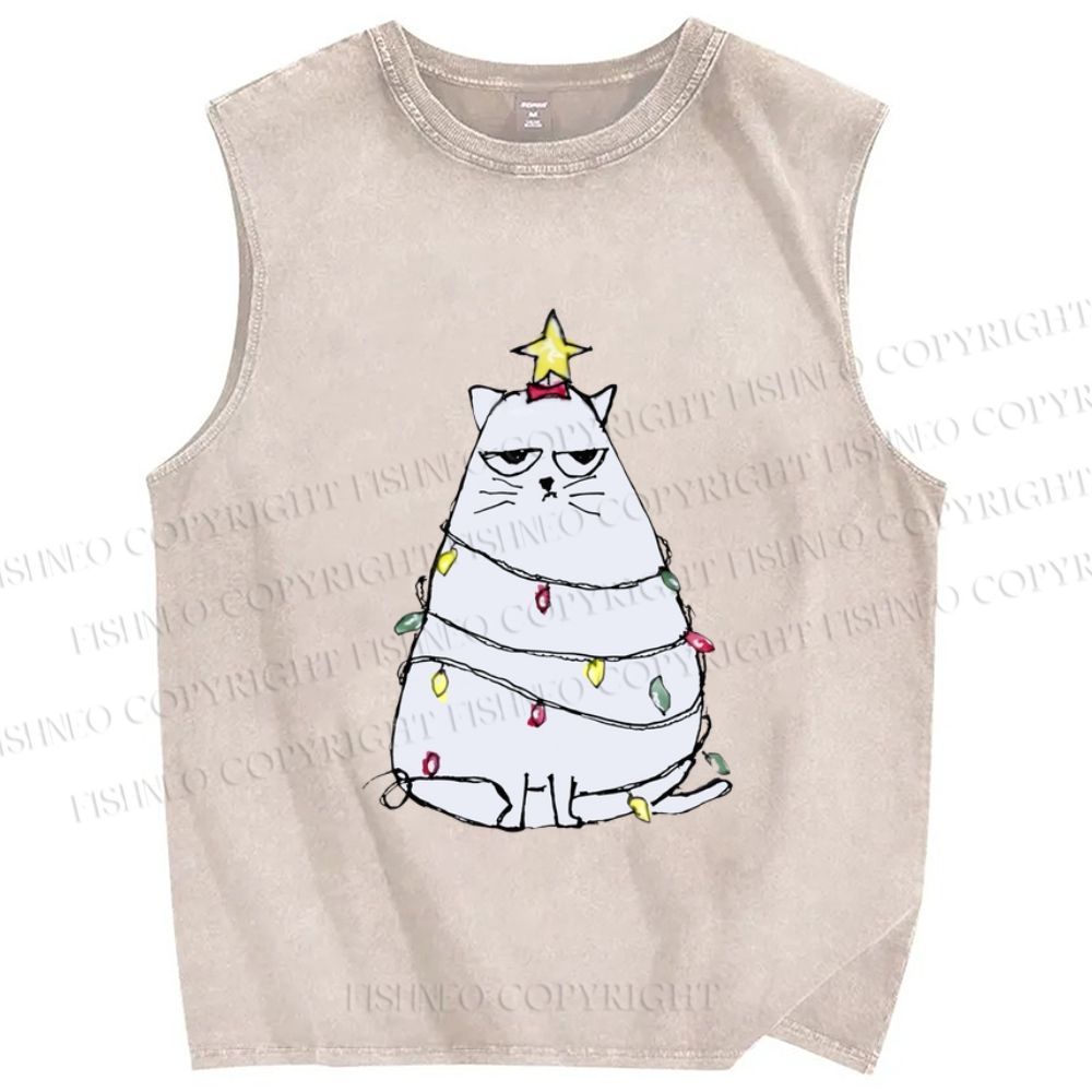 Unisex Silly Cat Upset With Christmas Fairy Lights Printed Washed Tank Top