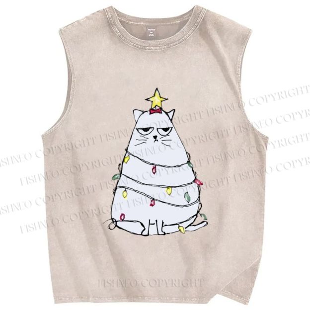 Unisex Silly Cat Upset With Christmas Fairy Lights Printed Washed Tank Top