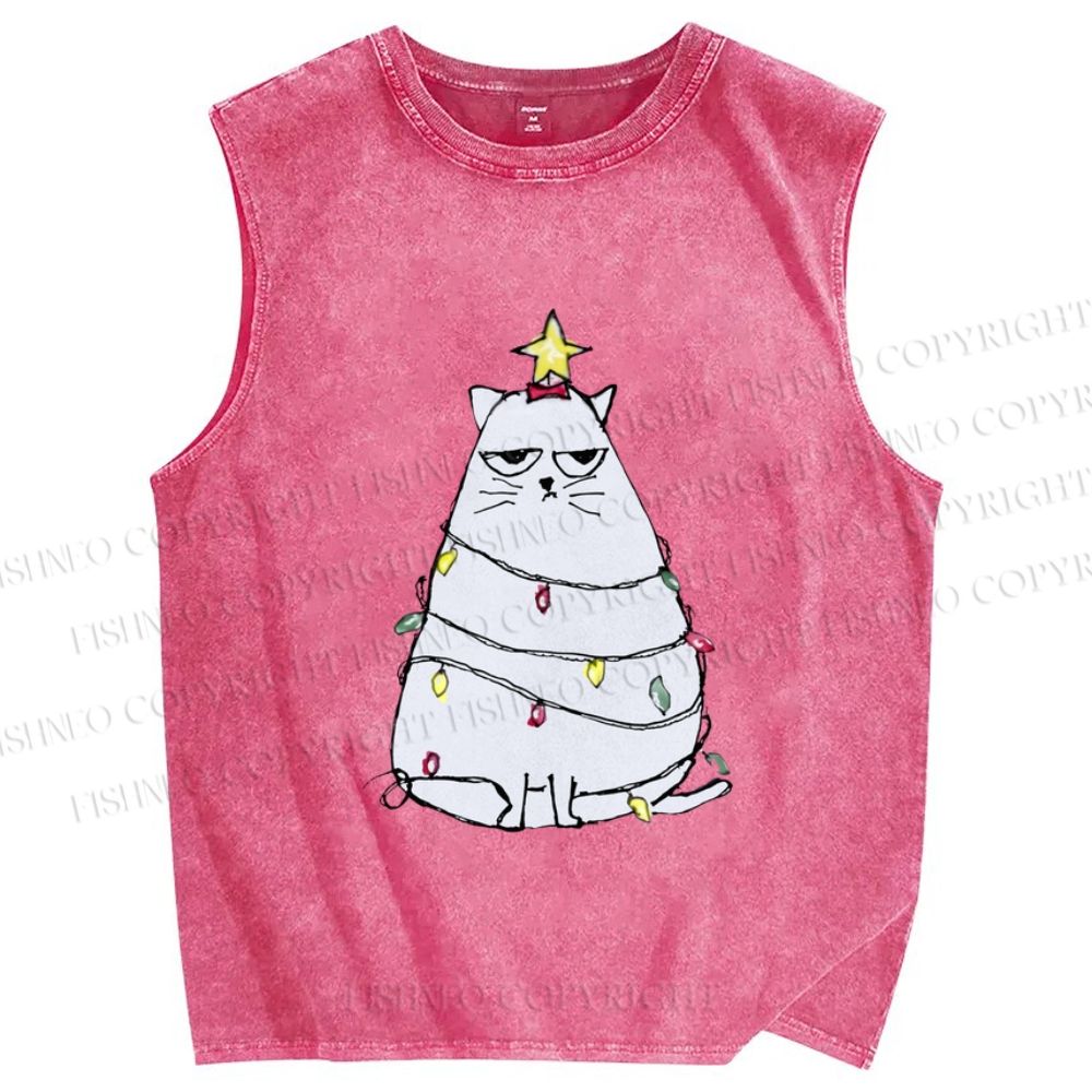 Unisex Silly Cat Upset With Christmas Fairy Lights Printed Washed Tank Top