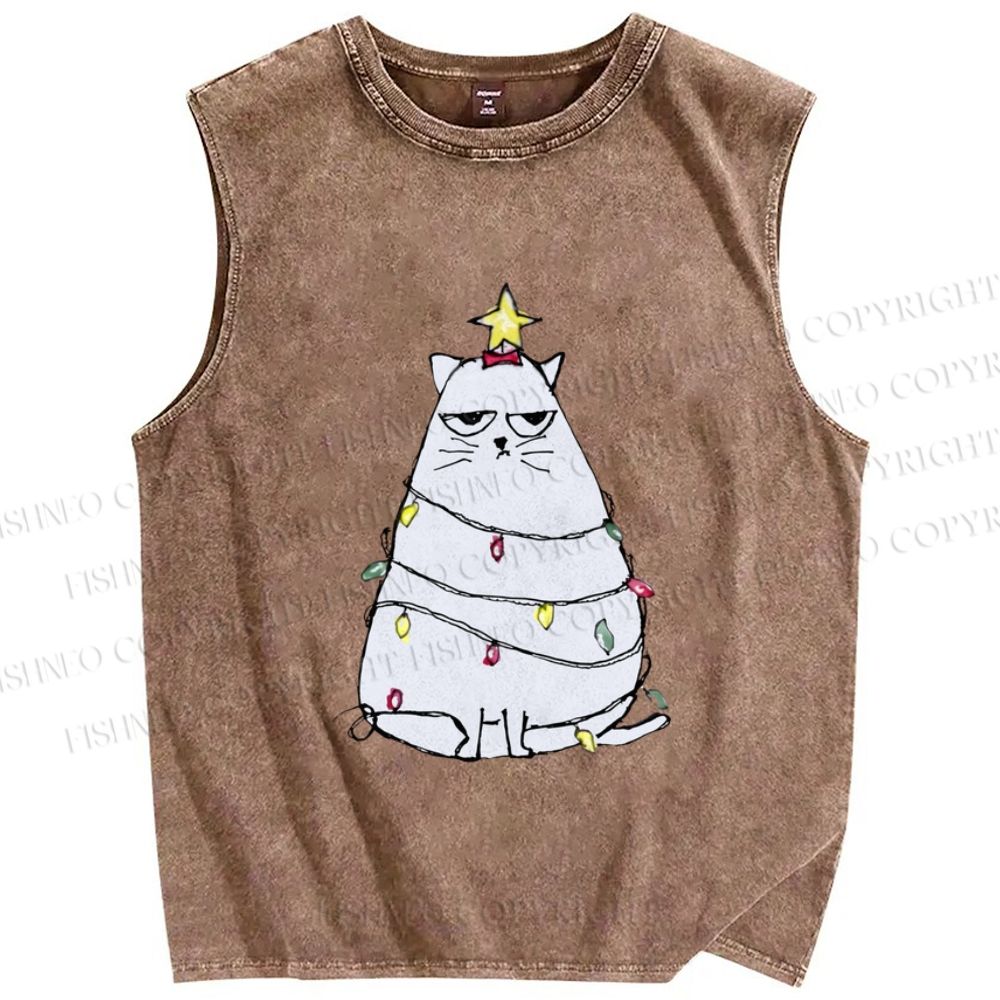 Unisex Silly Cat Upset With Christmas Fairy Lights Printed Washed Tank Top