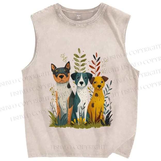 Unisex Dogs Sitting On Grass Printed Washed Tank Top