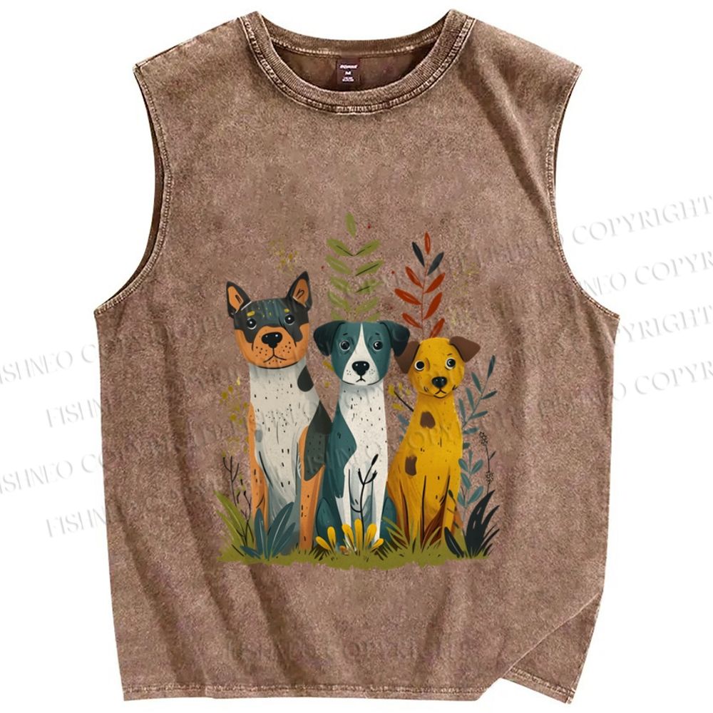 Unisex Dogs Sitting On Grass Printed Washed Tank Top