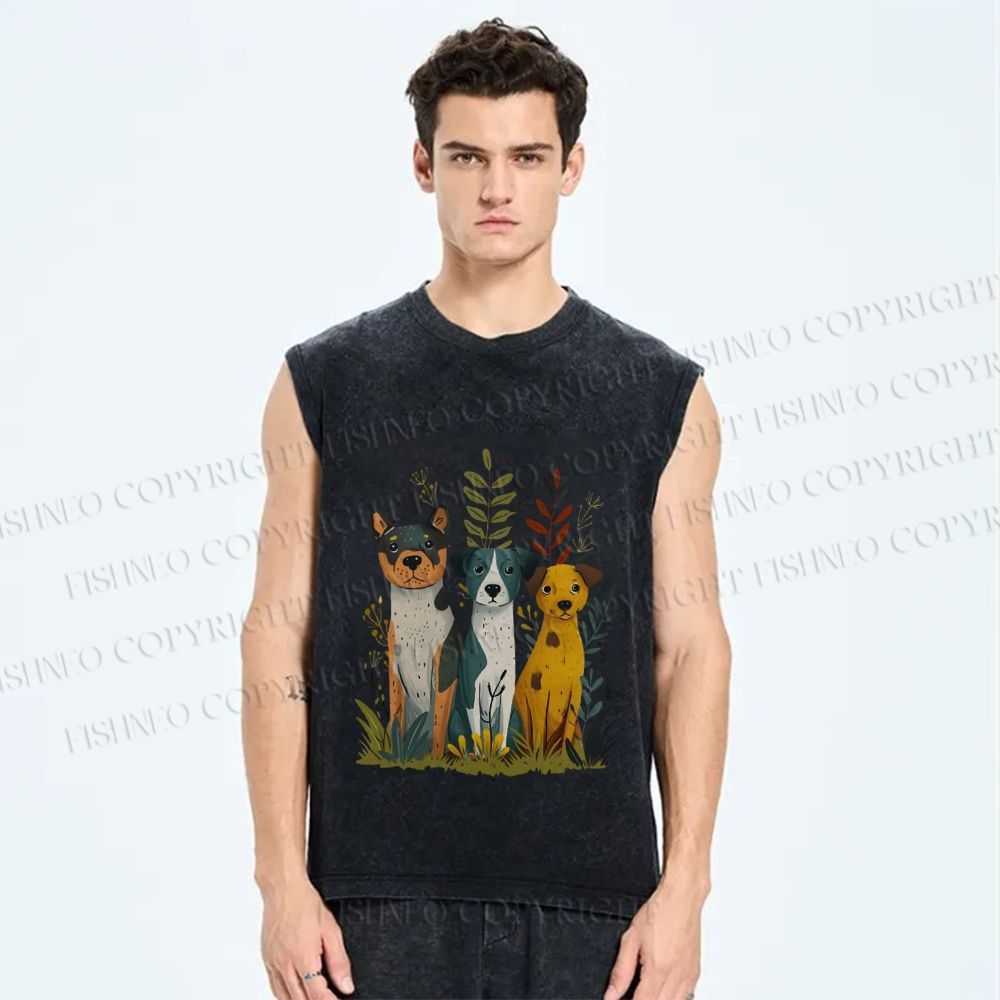 Unisex Dogs Sitting On Grass Printed Washed Tank Top