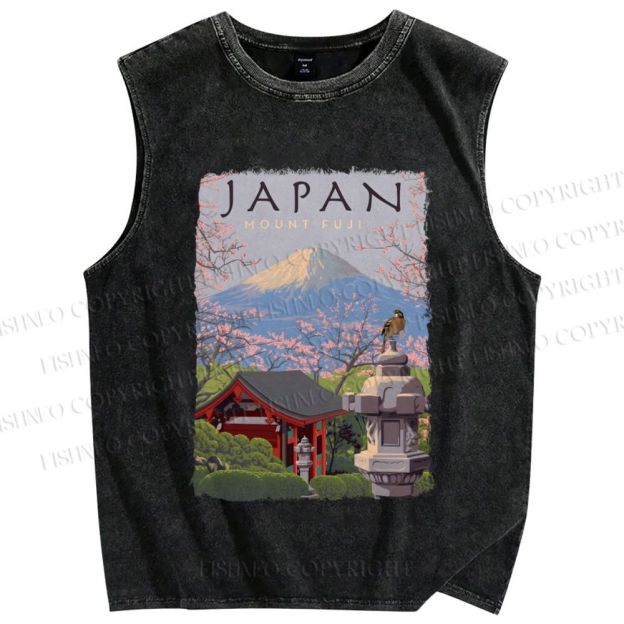 Unisex Mount Fuji Japanese Art Printed Washed Tank Top