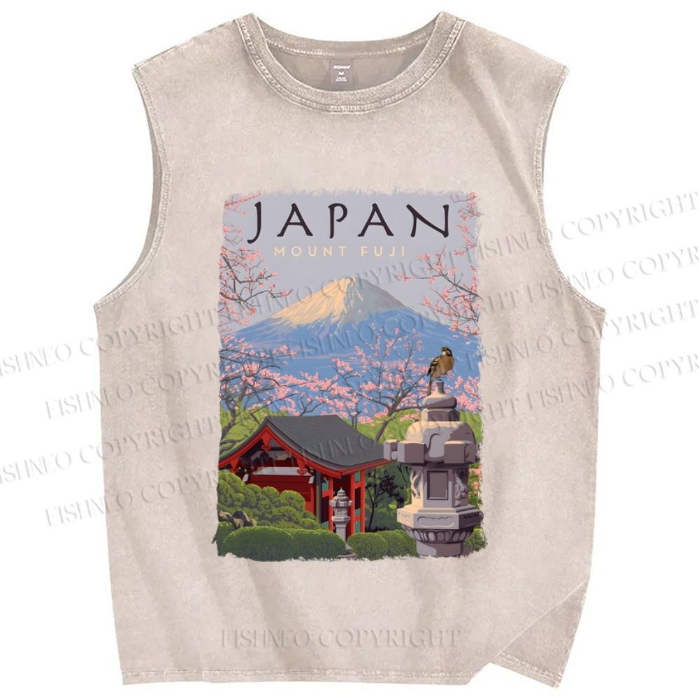 Unisex Mount Fuji Japanese Art Printed Washed Tank Top