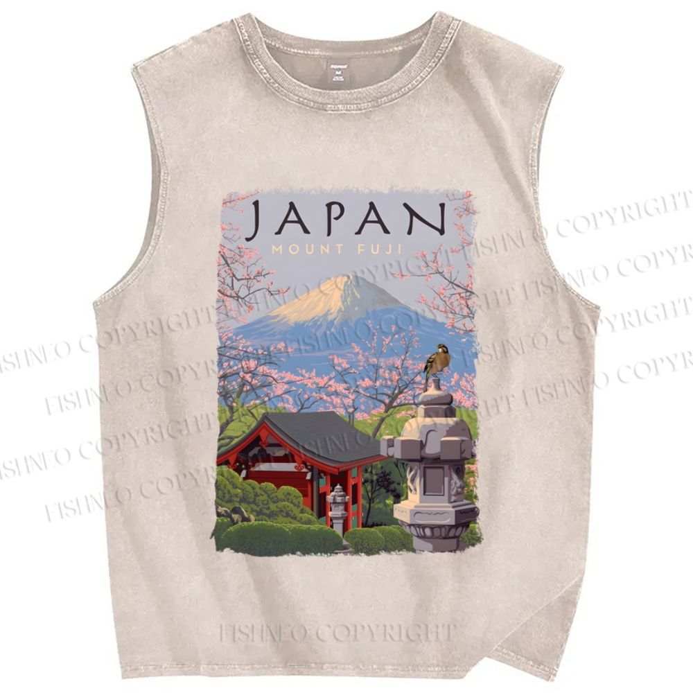Unisex Mount Fuji Japanese Art Printed Washed Tank Top