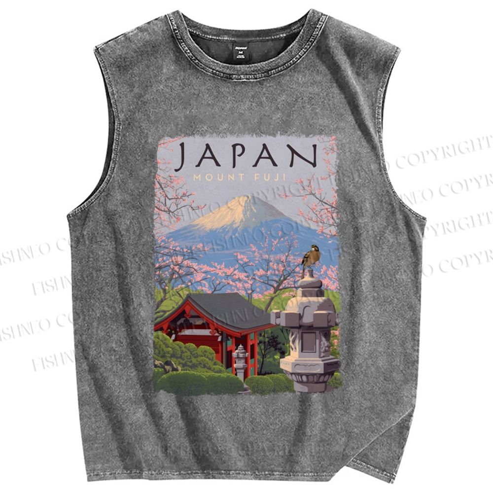 Unisex Mount Fuji Japanese Art Printed Washed Tank Top
