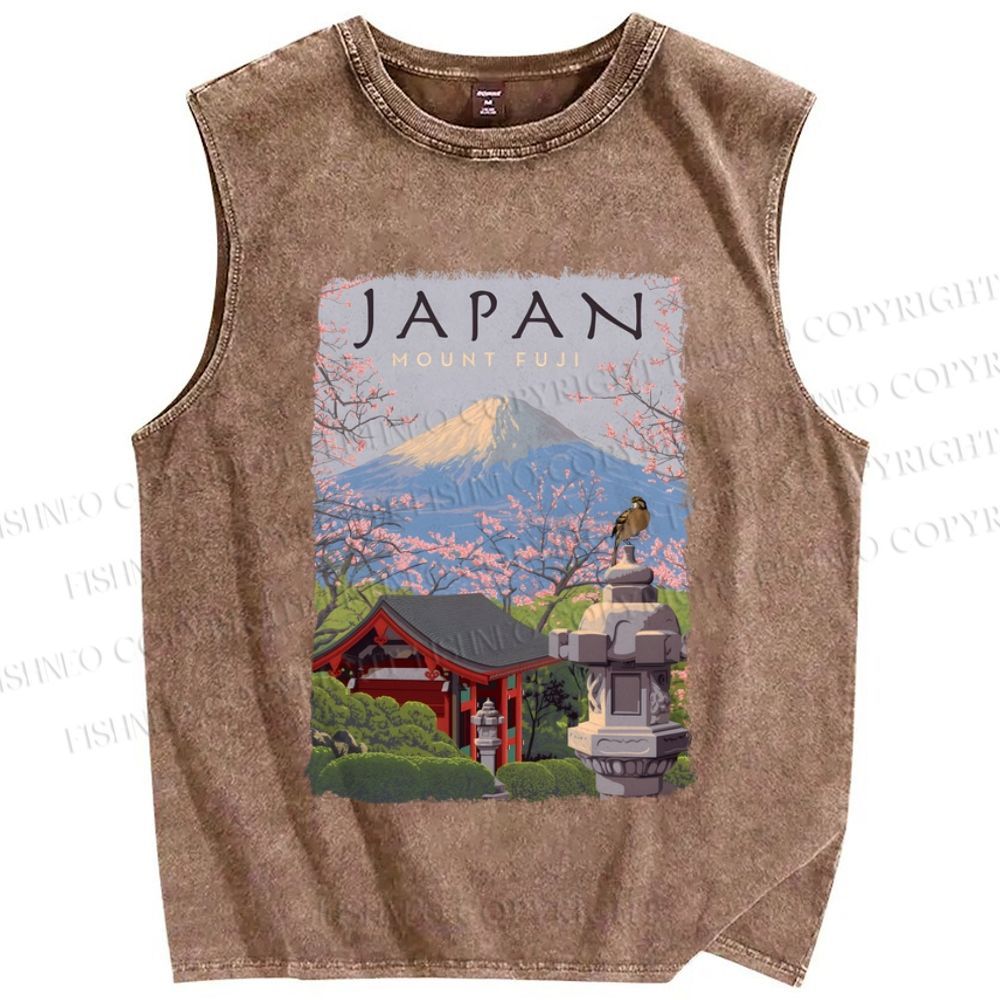 Unisex Mount Fuji Japanese Art Printed Washed Tank Top