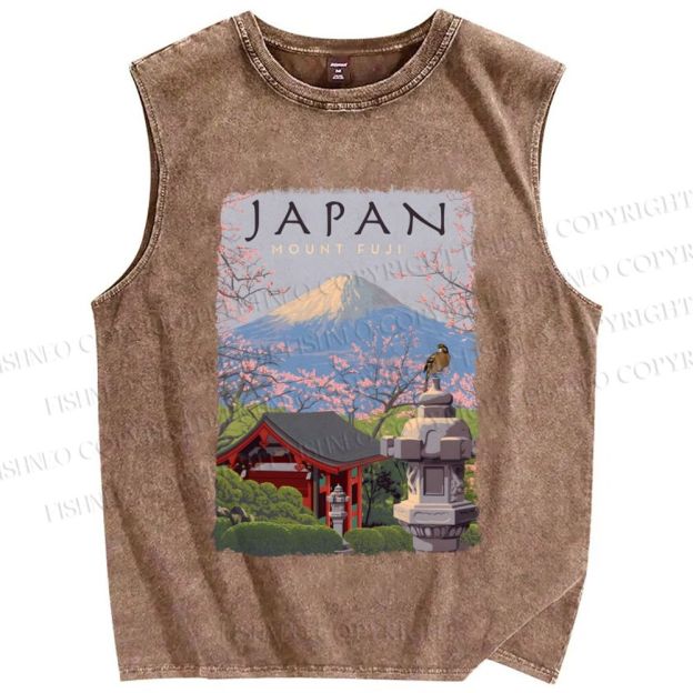 Unisex Mount Fuji Japanese Art Printed Washed Tank Top