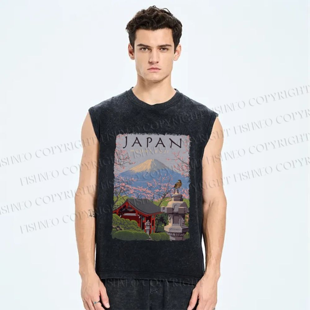 Unisex Mount Fuji Japanese Art Printed Washed Tank Top