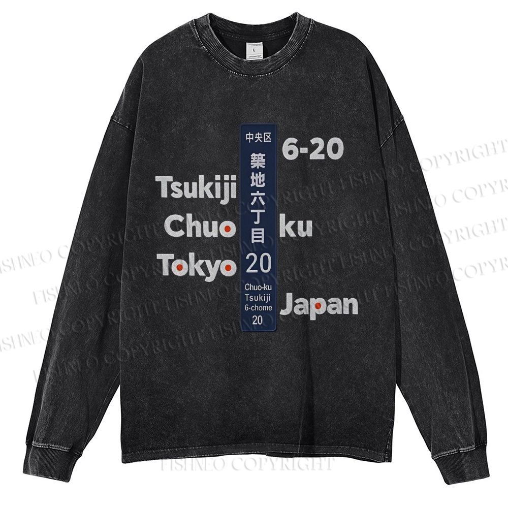 Unisex Casual Washed Tsukiji Tokyo Printed Long Sleeve T-shirt