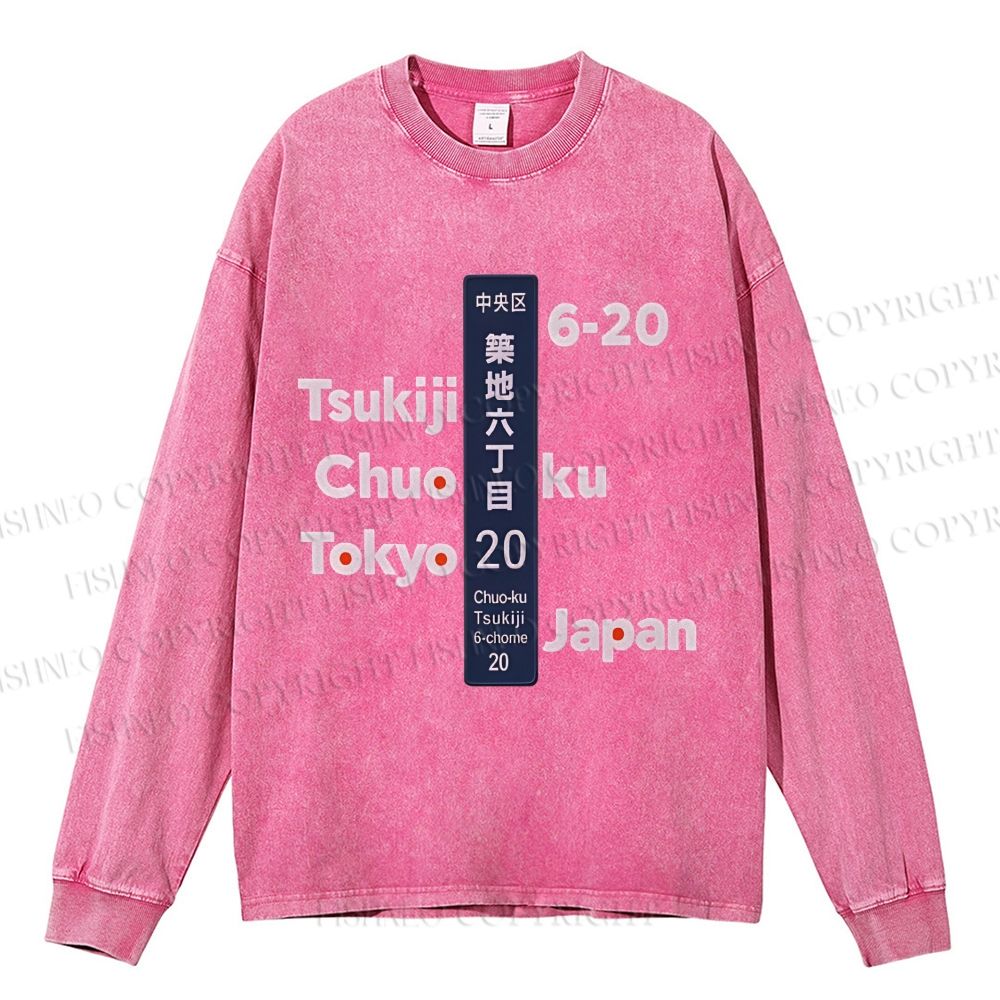 Unisex Casual Washed Tsukiji Tokyo Printed Long Sleeve T-shirt