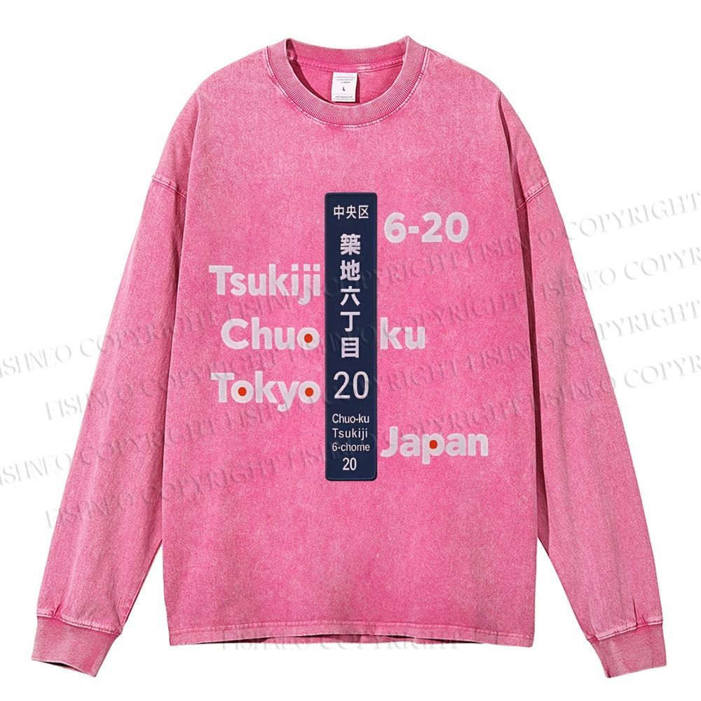 Unisex Casual Washed Tsukiji Tokyo Printed Long Sleeve T-shirt