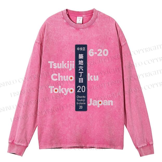 Unisex Casual Washed Tsukiji Tokyo Printed Long Sleeve T-shirt