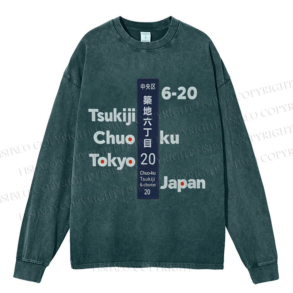 Unisex Casual Washed Tsukiji Tokyo Printed Long Sleeve T-shirt