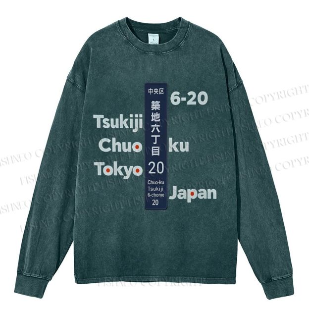 Unisex Casual Washed Tsukiji Tokyo Printed Long Sleeve T-shirt