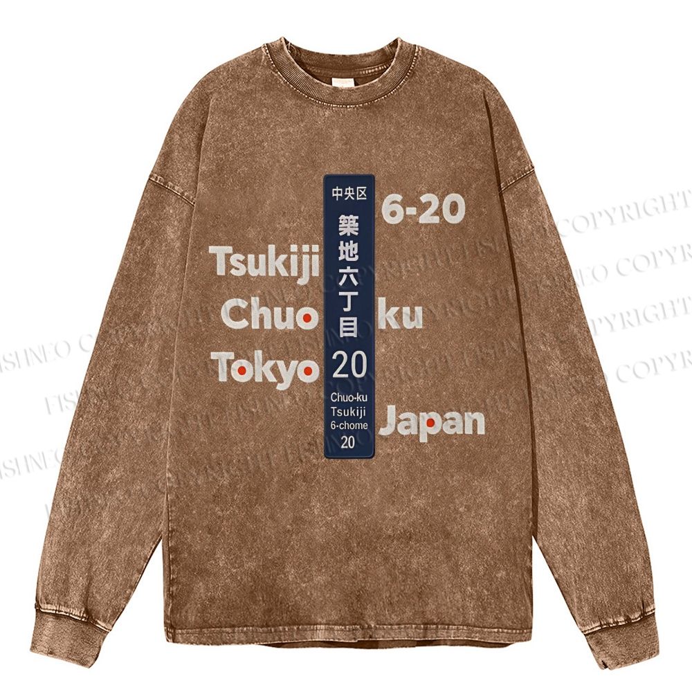 Unisex Casual Washed Tsukiji Tokyo Printed Long Sleeve T-shirt
