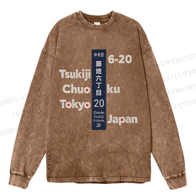 Unisex Casual Washed Tsukiji Tokyo Printed Long Sleeve T-shirt