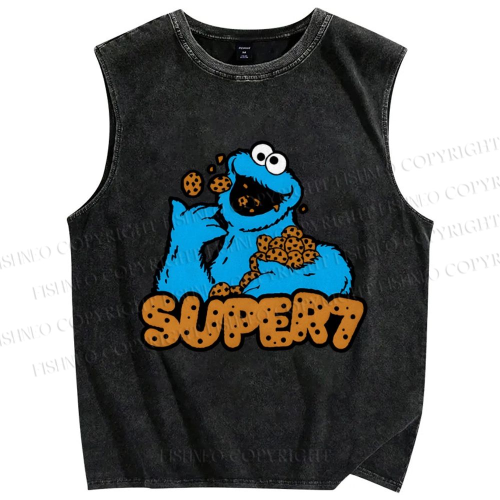 Unisex Monster Eating Cookies Printed Washed Tank Top