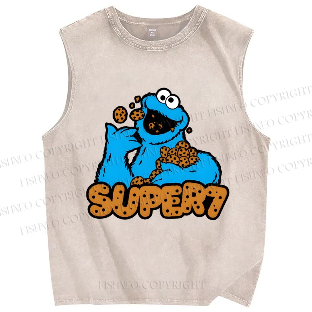 Unisex Monster Eating Cookies Printed Washed Tank Top