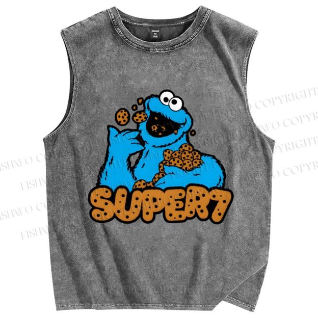 Unisex Monster Eating Cookies Printed Washed Tank Top