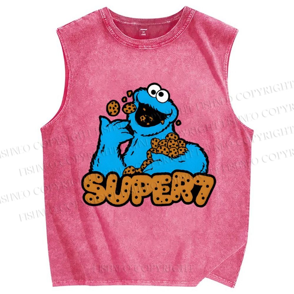 Unisex Monster Eating Cookies Printed Washed Tank Top