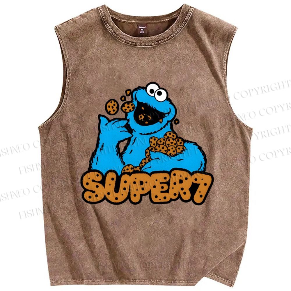 Unisex Monster Eating Cookies Printed Washed Tank Top