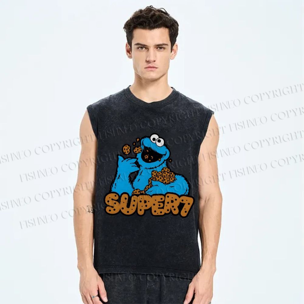 Unisex Monster Eating Cookies Printed Washed Tank Top