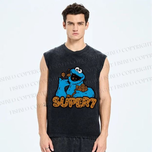 Unisex Monster Eating Cookies Printed Washed Tank Top