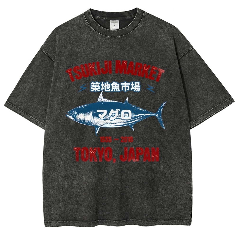 Tsukiji Market Tuna Fish Tokyo Japan Vintage Wash Japanese Design T-Shirt
